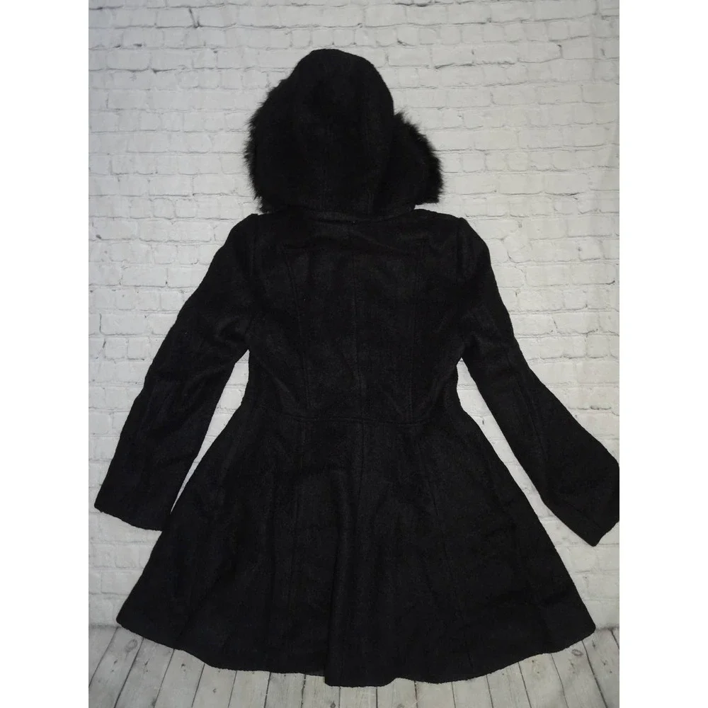 Liz Claiborne Sz M Women's Black Boucle Faux Fur Hooded Wool Blend Swing Coat - Picture 2 of 9